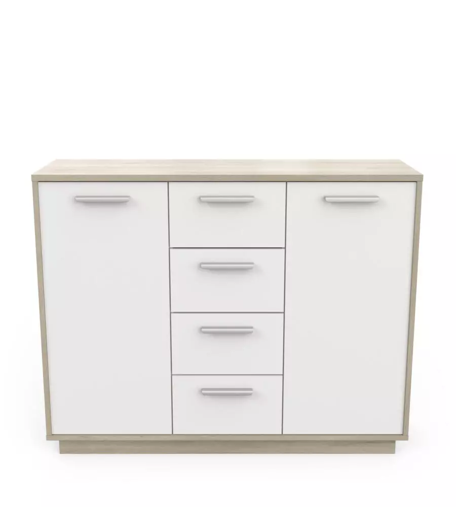 MOBILE BIANCO E QUERCIA CON 2 ANTE E  4 CASSETTI, 113X84X36 CM